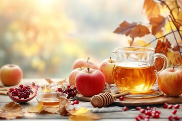 A beautifully set table for Rosh Hashanah, featuring apples, honey, pomegranates, and a shofar
