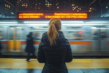 a woman stands at a busy subway station viewed from behind as blurred commuters rush by the scene captures the hustle and bustle of urban transport conveying a sense of movement and daily life