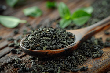 Spoon of dried green tea leaves on wooden background,.    