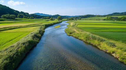 初夏の清流と田畑が織りなす日本田舎の静けさ、ドローンで捉える絶景