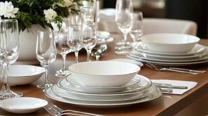 Elegant table setting with white porcelain. Perfect for showcasing fine dining, weddings, or luxury brands.