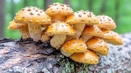 Cluster of Yellow Mushrooms on Log in Forest