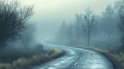 Empty road in dense fog symbolizes low visibility and caution.
