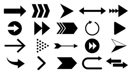 Isolated black Arrows icons set. Arrow icon symbol. Minimal graphic elements collection. Arrow. Cursor. Modern simple arrows. Vector illustration. Editable stock foe Web and Banner