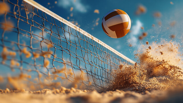 A high-definition image of a volleyball flying over the net in a beach setting, capturing the sand and net details vividly