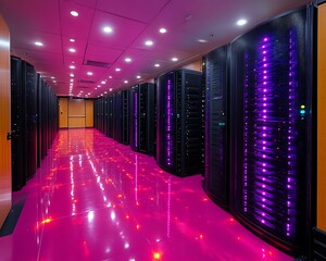 Pink-lit server room with rows of data storage units.