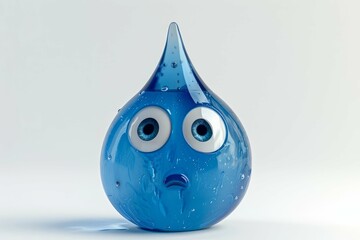 Anthropomorphic blue water droplet with large expressive eyes on a white background. 3D illustration.