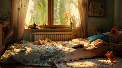 A cozy reading nook with a soft blanket, open book, and abundant natural light, ideal for unwinding and reducing stress.