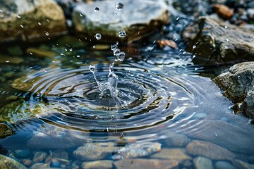 Water droplets falling into ripples on a dark reflective surface. Macro shot capturing liquid motion and texture.