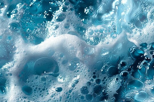 Close-up of soapy water with foam and bubbles in shades of blue. Abstract macro texture.