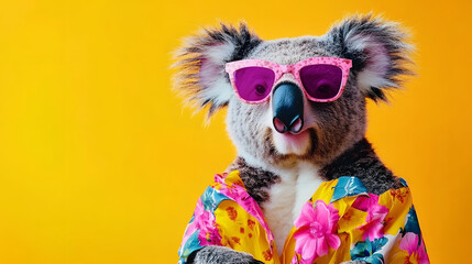 Creative animal concept. Koala, vibrant bright fashionable outfits isolated on solid background advertisement with copy space. birthday party invite invitation banner