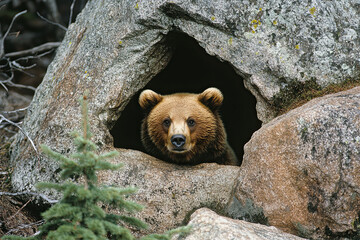 Brown bear (Ursus arctos) looks out of its den in the woods under a large rock in wintertime