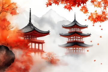 Fototapeta premium A dreamy watercolor of a Japanese temple during autumn, with orange and red leaves cascading around it