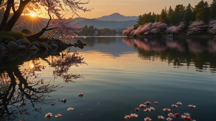 Serene Lake Scene with Cherry Blossoms at Sunset