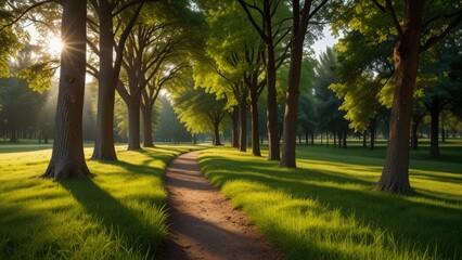 Idyllic Sunlit Pathway Through Verdant Forest 