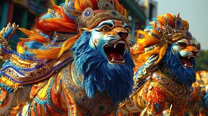 Obraz premium Two ornate lion statues in vibrant colors, detailed craftsmanship, cultural festival.