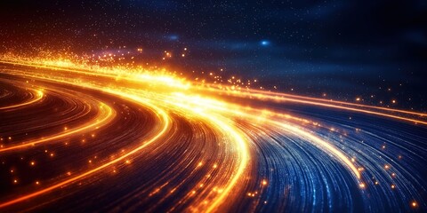 Abstract Blue and Orange Stripe Light, Futuristic Motion Blur Technology Concept with Fast Forward Timeline Background