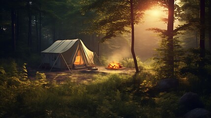 Serene Forest Campsite With Illuminated Tent and Fire