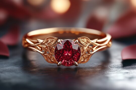 A haunting image of a ruby ring with intricate filigree details, placed on an aged stone surface with dramatic shadows