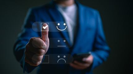 Hand thumb up and chose happy smile relax face, good feedback rating, think positive, customer review, assessment, satisfaction, world mental health day, Calm mood, good mental health, good mood. - obrazy, fototapety, plakaty