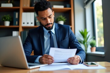 Fototapeta premium Professional Man in Blue Suit Reviewing Documents and Using Laptop in Modern Office Setting, Ideal for Business and Marketing Materials