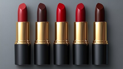 Fototapeta premium Five lipsticks in red and maroon shades arranged in a row against a grey background.