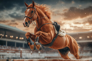 A vibrant image of a horse jumping over an obstacle, capturing the movement and arena details vividly
