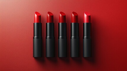 Obraz premium Five red lipsticks in a row on a red background.