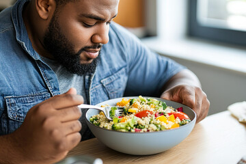 Plus-size man savoring a healthy quinoa and veggie bowl