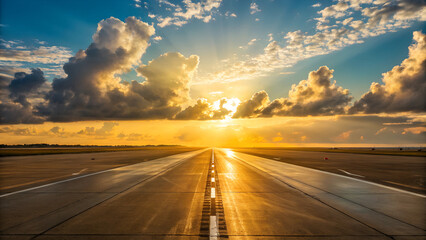 Radiant Dawn Over Gleaming Airport Tarmac: Blue and Yellow Cloudscape
