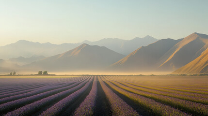 Naklejka premium Lavender field sunrise, misty mountains, tranquil landscape, nature photography.