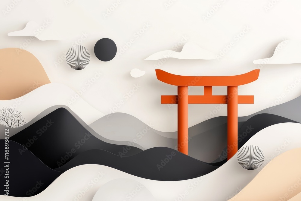 Poster A minimalist design of a red torii gate with simple black and white mountains in the background