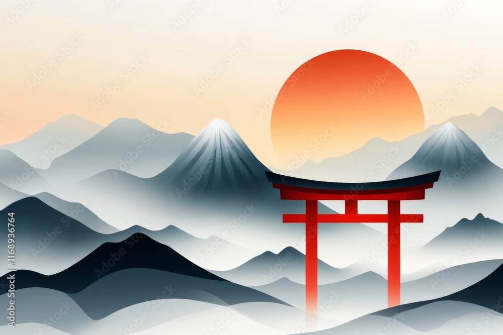 Poster A minimalist design of a red torii gate with simple black and white mountains in the background