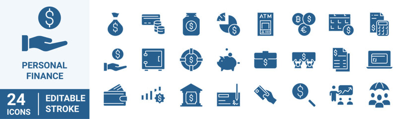 Personal finance line web icons. cash, saving, financial goal, profit. Editable stroke. Vector illustration