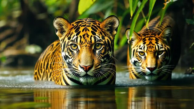 Two baby tigers are swimming in a river