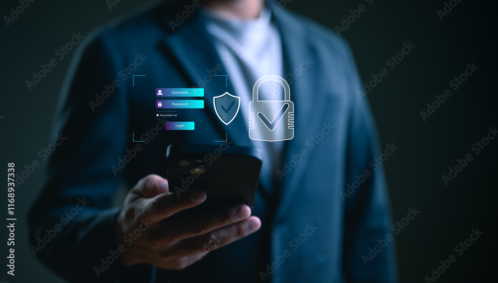 Poster concept of cyber security, secure access to user's personal information, information security and en