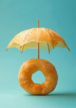 Naklejki A sesame bagel paired with a creative umbrella made of orange peel. Whimsical food concept on a pastel background.