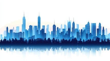 Cityscape silhouette with reflection, blue tones, urban skyline, trees, and water.