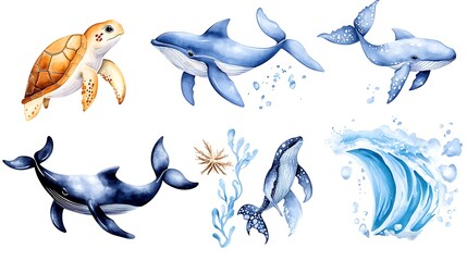 Fototapeta premium Watercolor Ocean Animals Whales Turtle Sea Wave Underwater