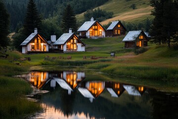 Obraz premium A picturesque izba on the banks of a tranquil lake, its reflection shimmering in the water