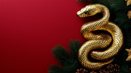 Obraz premium Golden snake with pine branches and red background symbolizing prosperity, strength, and festive Chinese New Year themes for elegant and auspicious design purposes.
