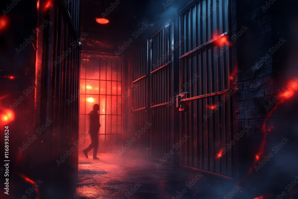 Poster A pixel art jail scene with a tiny prisoner pacing inside a cell, surrounded by animated flickering lights