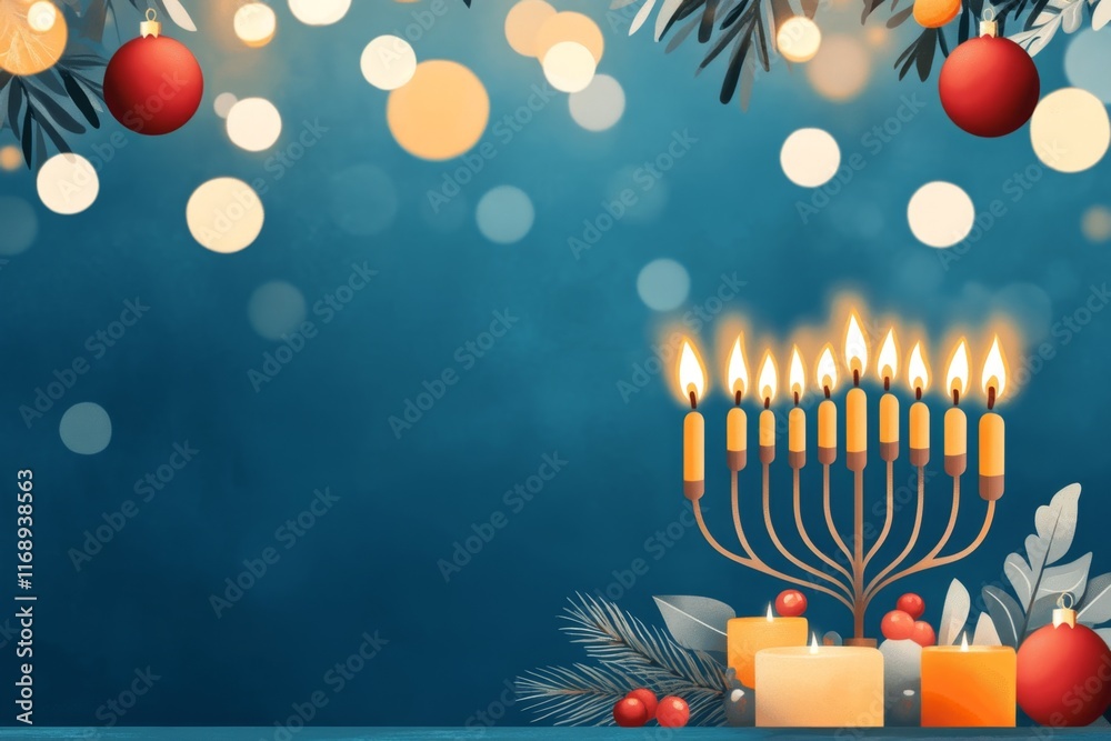 Poster A pixel art menorah with flickering animated candles, set on a table with festive decorations in a retro style