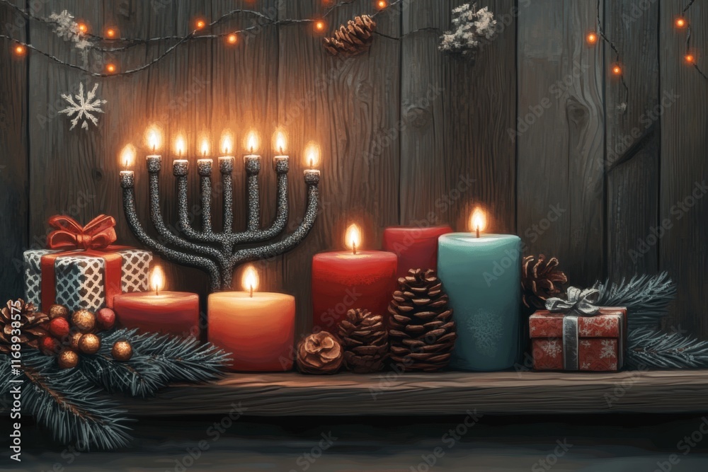 Poster a pixel art menorah with flickering animated candles, set on a table with festive decorations in a r