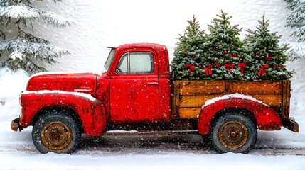Red truck. Winter illustration with hand painted Christmas red pickup truck and holiday fir trees. Holiday artistic background for cards design.