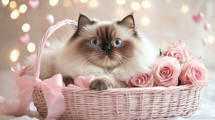 Fluffy Himalayan Cat Resting in a Wicker Basket