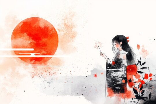 A playful 2D illustration of a Japanese girl holding a sparkler, with her yukata flowing gently in the wind