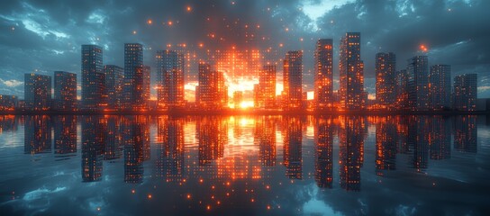 Fototapeta premium Futuristic city skyline reflected in water at sunset with fiery particles.