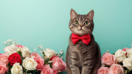 Elegant Cat in Red Bow Tie Among Beautiful Flowers