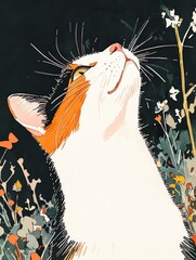 Whimsical Calico Cat in a Floral Night Garden - Watercolor Illustration 10